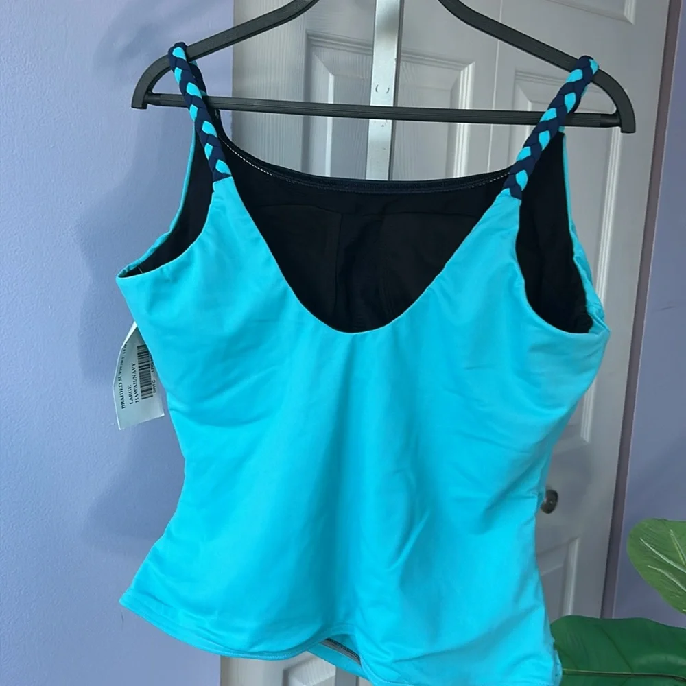 NWT H2O Tankini Top Navy + Light Blue Braided Strap Soft Bra Support Top Large
